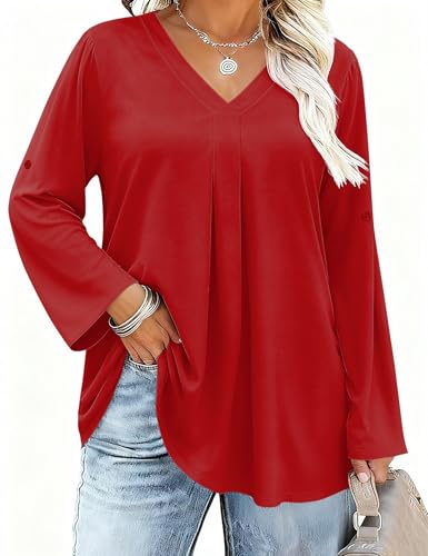 Plus Size Damen Bluse 3/4 Langerm V-Ausschnitt Sommer Tops Locker Tunika Große Größen Shirt Mode Elegant Oberteil (Rot,3XL) Plus Size Damen Bluse 3/4 Langerm V-Ausschnitt Sommer Tops Locker Tunika Große Größen Shirt Mode Elegant Oberteil (Rot,3XL)