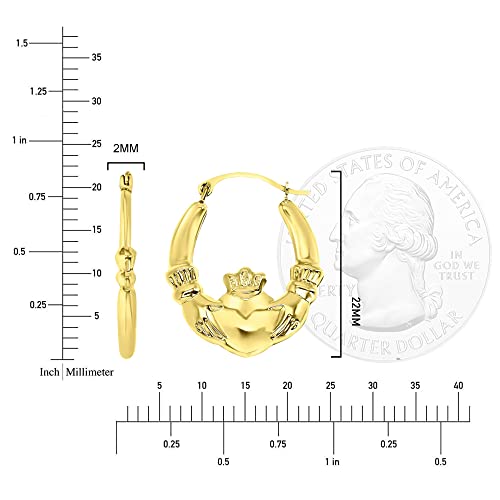 14K Yellow Gold 3x20mm Polished Graduated Hearts Claddagh Lightweight Hoop Earrings4