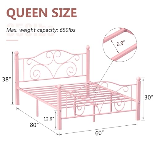Image of VECELO Queen Size Bed Frame with Headboard and Footboard, Heavy Duty Metal Slat Support, Platform Mattress Foundation, No Box Spring Needed, Easy Assembly, Light Pink