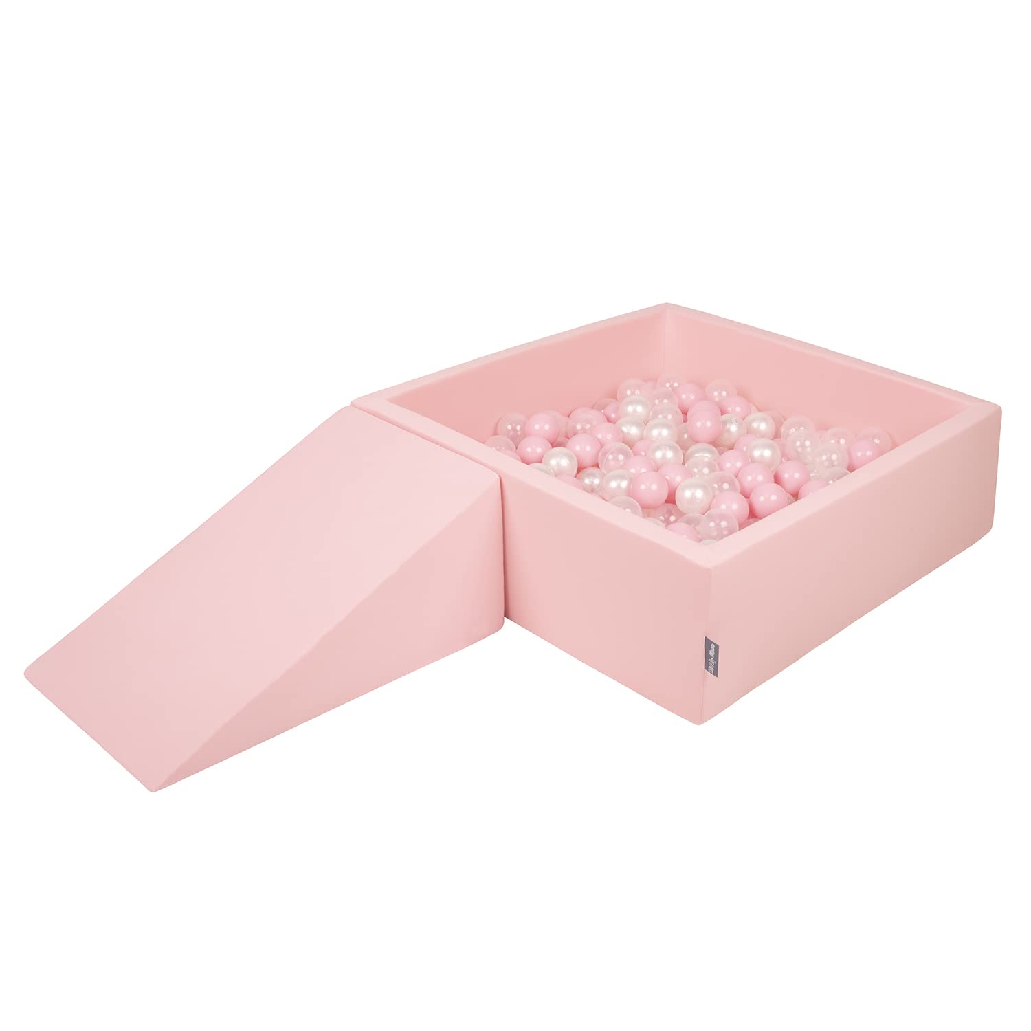 KiddyMoon Foam Playground For Kids With Square Ballpit (100 Balls ∅ 7Cm/2.75In) Soft Obstacles Course And Ball Pool, Made In The EU, Pink:Powder Pink/Pearl/Transparent