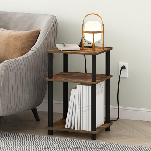 Image of Furinno Just 3-Tier Turn-N-Tube Open Storage Side Table, End Table with USB and Type-C Charging Station, Amber Pine /Black