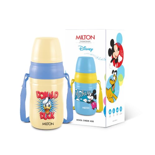 Image of MILTON Disney Kool Cheer 400 Plastic Insulated Thermo Water Bottle with Straw for School Kids I Food Grade, Leak Proof Lid with Hands Free Sipper, Easy to Carry Loop, Picnic, BPA Free, 390 ml, Beige