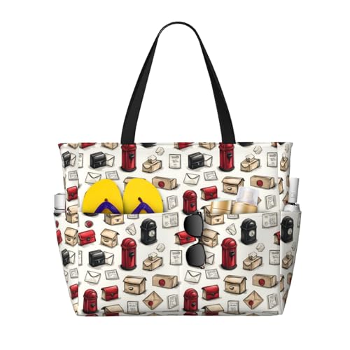 Large Beach Bags for Women Sandproof - Cute Mailbox Print Summer Travel Work Tote Bags with Zipper
