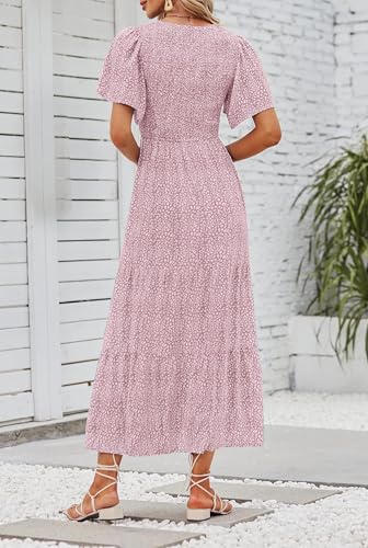 Image of ZESICA Women's 2026 Summer Boho Floral Maxi Dresses Casual Short Flutter Sleeve Smocked Tiered Flowy Dress