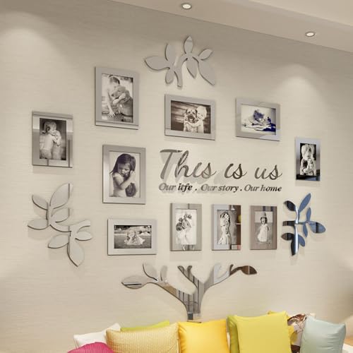 bllokna Family Tree Picture Frames Collage Wall Decor Home Decorations Acrylic Mirror DIY Stickers for Living Room 3.5x5 4x6 Photo Collage Frame With Sign This is us Silver Set Large 47x47 Inch