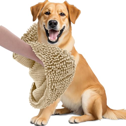 Image of OLANLY Chenille Dog Bath Towel 31x13, Ultra Absorbent Quick Dry Pet Towel, Extra Soft Washable Plush Towel for Large Dogs & Puppies, Indoor Outdoor Use, Beige