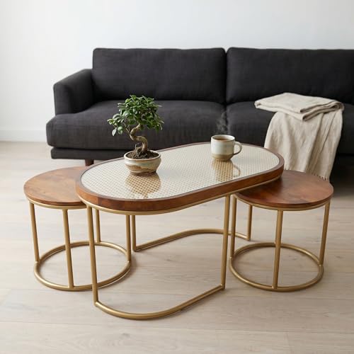 Image of TableTales Rattan Coffee Table Handcrafted Nesting Coffee Table Set | Oval Centre Table with 2 Round Side Tables | Solid Mango Wood & Natural Rattan Cane | Honey Finish (Gold)