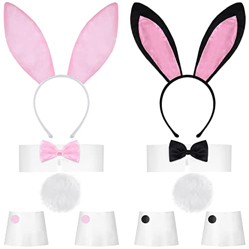 WILLBOND 10 Pcs Halloween Bunny Costume Set Rabbit Ears Headband, Bow Tie, Cuff and Tail Women Bunny Outfit for Cosplay(Pink, White)
