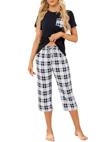 La mejor selección de Pijamas de Dama los 5 mejores. 48 BigKing Conjunto de Pijama de Algodón para Mujer, Mangas Cortas, (MX/US, Alfa, Mediano, Regular, Regular, Negro)