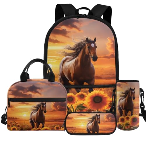 Horse Sunflower Backpack for School Girls Teen 4PCS Elementary Middle School Bag Lunch Box Water Bottle Holder Set Large Capacity Book Bags Rucksack Outdoor Travel Daypack Laptop Bag