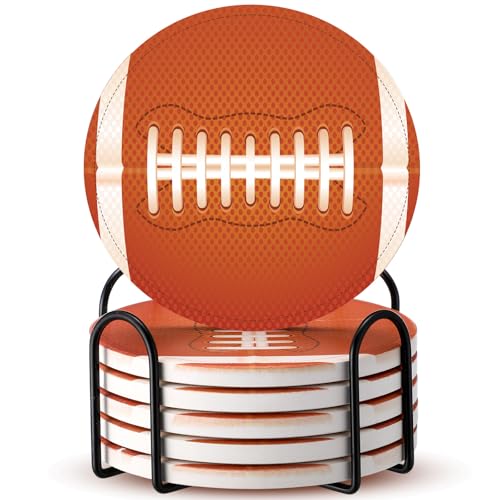 Hushee 6 Pcs Football Ceramic Coasters Set 4 Inches Ceramic Absor...
