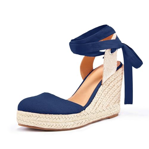 Image of FISACE Womens Summer Espadrille Heel Platform Wedge Sandals Ankle Buckle Strap Closed Toe Shoes