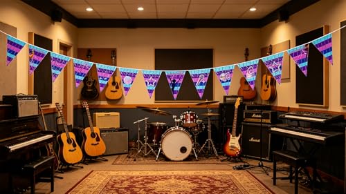Image of K-POP Starry Birthday Banner - 12.2FT Polyester Bunting with 15pcs Triangle Flags, Blue Purple Gradient Star & Music Note Pennant Banner for Kpop Fans Party, Indoor Outdoor Hanging Decor