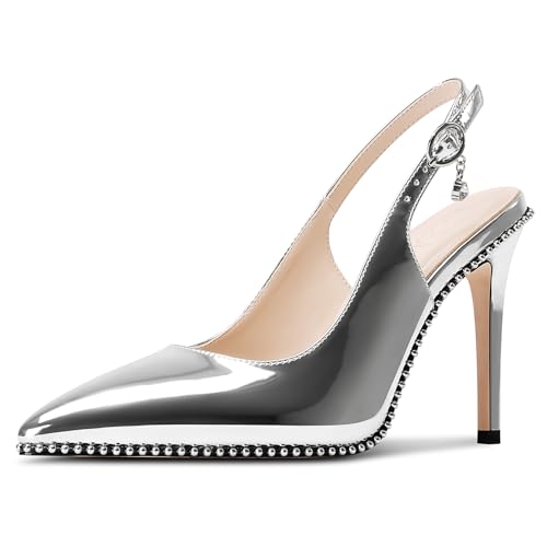 Image of NobleOnly Slingback Beaded Pumps for Women High Stiletto Heel Pointed Toe Slip-on Dress Sandals Adjustable Buckle Rhinestone Patent Leather 3.9 Inches Heels