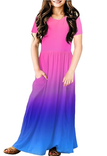 Deerose Girls Maxi Dress Short Sleeve Gradient Dresses Floor Length Outfits 5-14 Years