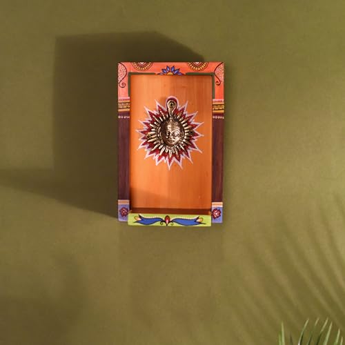 Image of AAKRITI ART CREATIONS Divya Wall Decor Orange Frame with Brass Sculpture of Surya Dev | Dhokra Art, Matte Finish | Wooden & Dhokra Wall Shelf Decor for Home