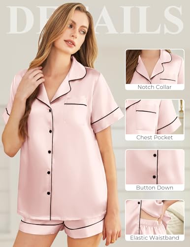 Image of Silk Pajamas for Women Short Sleeve Sleepwear Soft Button Down Loungewear 2 Piece Satin Pjs Shorts Set S-XXL