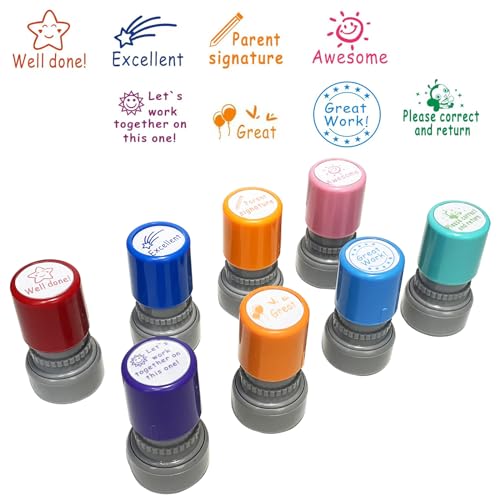 8 Pack Teacher Stamps YQBOOM Self Inking Teacher Classroom Grading Stamp Set Comments Stamp for Education Homework School Supplies