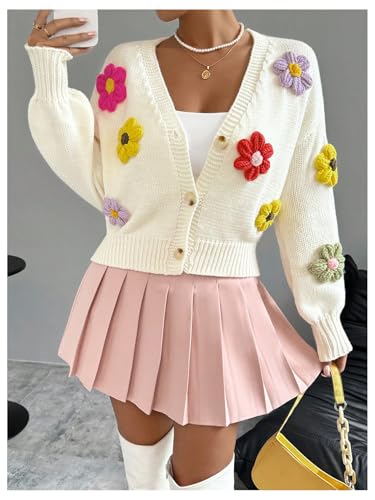 SHENHE Women's Button Down Flower Cardigan V Neck Open Front Knit Crop Cardigan Sweater4