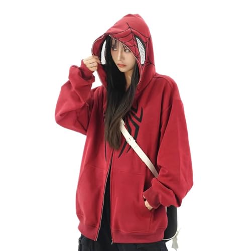Y2K Hip Hop Spider Hoodie for Women Men Graphic Full Zip up Hoodies Oversized Kawaii gothic punk Hoodies Jacket (Red XL)