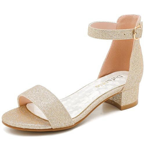 Dufannie Girls High Heels for Kids Heels Sandals for Girls Gold Shoes Pumps Fancy Big Kids Dress Shoes Size 3 Elegant Open Toe Tween Sandals Pageant Wedding Party Dance Church(3603Gold 3)