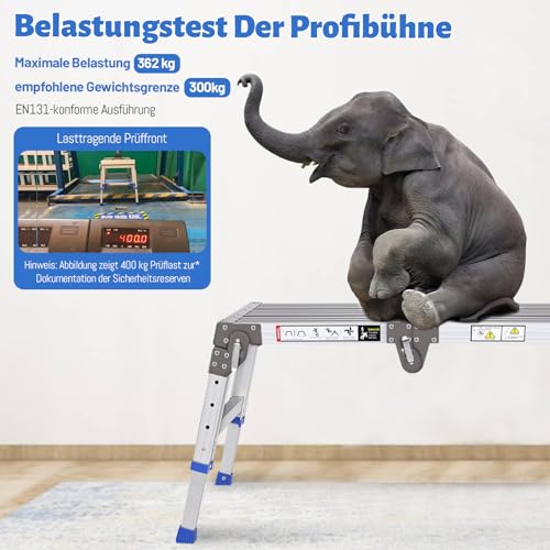Verbesserte Alu Arbeitsplattform Klappbare bis 362 kg, Arbeitsbühne, Verstellbare Aluminium Stufenleiter Plattformleiter mit Sicherheitsschlössern, Treppenpodest