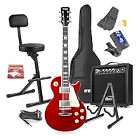 Ready-to-play electric guitar set, features classic single-cut style guitar in glossy dark red finish, ideal for beginners and developing musicians to confidently begin learning or perform comfortably. Included versatile 40W amplifier features dedica...