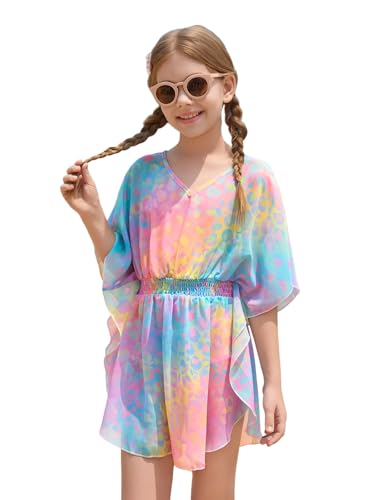 Image of Haloumoning Girls Chiffon Swim Beach Cover Up Kids Cute Elastic Waist Printed Bathing Suit Coverups 5-14 Years