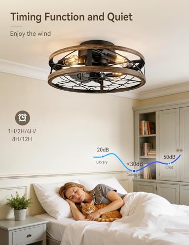 AKOFUN 20" Cage Ceiling Fan with Light and Remote, Low Profile Flush Mount Fan, 6 Speed Reversible DC Motor, 1/2/4/8/12H Timer, Bladeless Fandelier Rustic Farmhouse Light for Bedroom Living Room Patio — view 4
