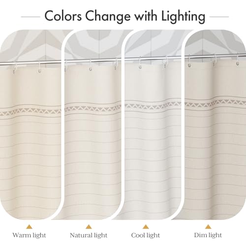 Image of AmazerBath Boho Shower Curtain, Modern Farmhouse Shower Curtain Set with Tassels, Rustic Faux Linen Pink Striped Shower Curtain with Hooks, Light Tan Toned, 72x72 Inches