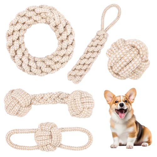 5 pezzi corda giocattolo per cani di piccola taglia, giocattolo per cani di piccola taglia, corda con nodo palla, corda intrecciata per cani in cotone e canapa, giocattolo da masticare interattivo per