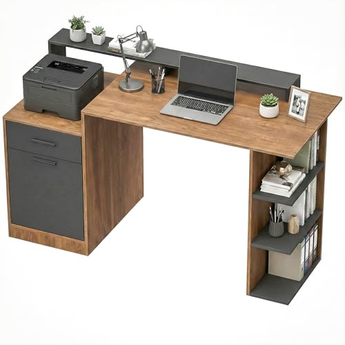 HOMCOM Schreibtisch 140x60cm Computertisch, Bürotisch mit Schubladen, Kopfhörerhaken, Schrank und Regalen, PC Tisch für Home Office, Arbeitszimmer, Schlafzimmer, Eiche