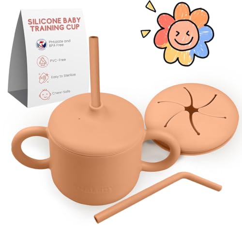 Image of THALEDY Sippy cup for 6 month old (8Oz/250ml) with straw, sippy cup for toddlers with soft spout and lid for practicing with snacks and sippy cup for 1 year old with handles.