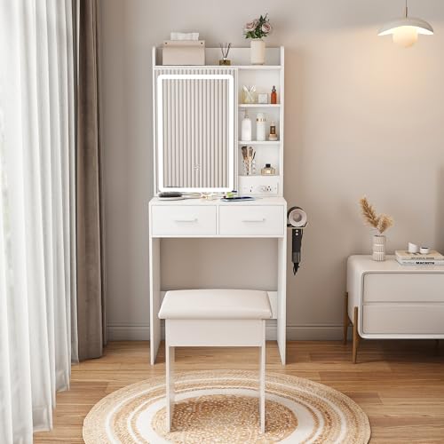 Wohh Makeup Vanity Desk with Mirror & Adjustable LED Lights,Built-in Power Outlet & Hidden Storage, Includes padded stool & Shelf,Space-Saving Dressing Table for Small Bedrooms (23.62*14.17*51.97)