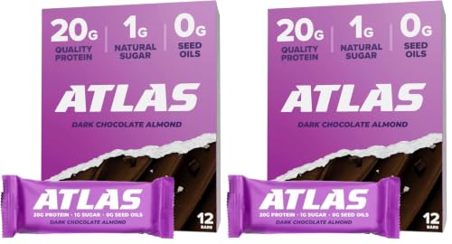 Image of Atlas Real Food High Protein Bars - 20g Protein, 12g Fiber, 1g Sugar, Clean Ingredients, No Added Sugar, No Seed Oils, No Artificial Sweeteners (Dark Chocolate Almond, 12 Count, Pack of 2)