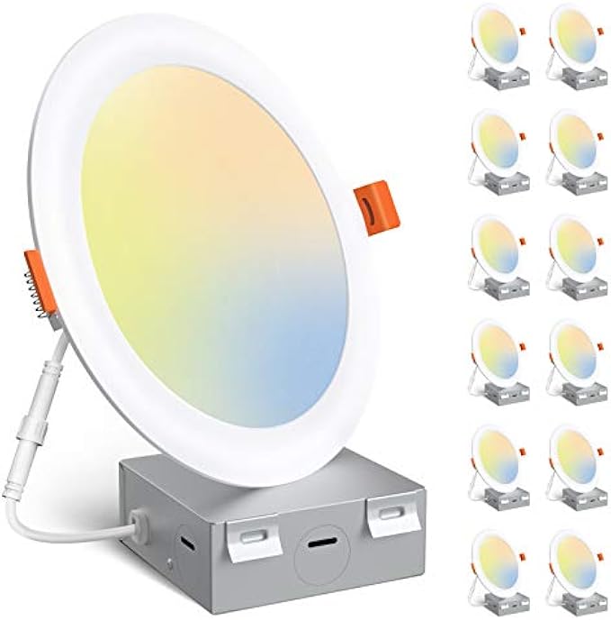 Amico 12-Pack 6 Inch 3CCT Slim LED Recessed Ceiling Light with Junction Box, 3000K/4000K/5000K Optional, 12W Eqv 100W, Dimmable LED Can Light, 1000LM High Brightness Downlight