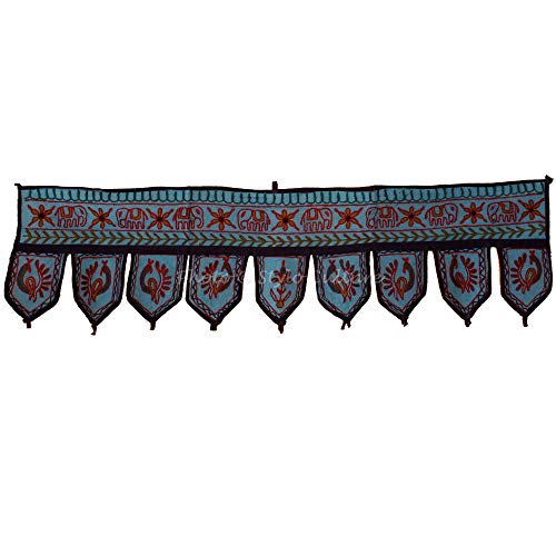 Stylo Culture Indian Cotton Window Valance For Kids Bedroom Blue Ethnic Embroidered Elephant Scarf Curtain Topper Home Decor Traditional Swag Curtain Door Hanging Toran - Image 2
