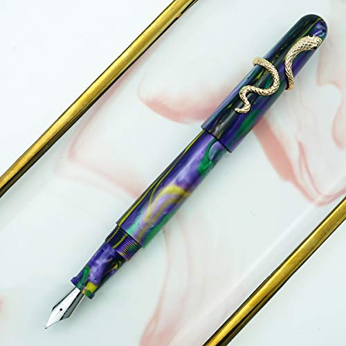 Fuliwen 017 Purple-Green Resin Fountain Pen, Medium Nib Handmade Golden Snake Ring Converter Writing Pen