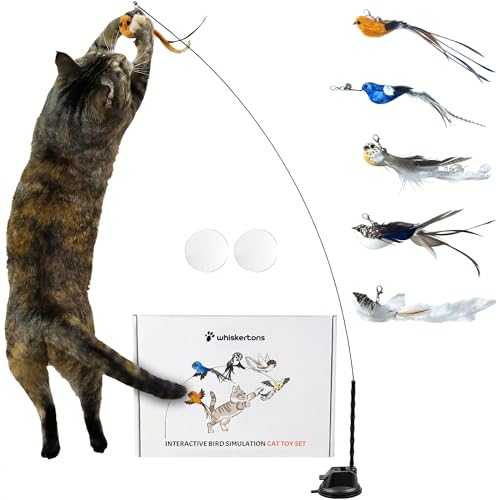 Whiskertons Interactive Bird Simulation Cat Toy Set, Interactive Cat Toys for Indoor Cats, Cat Feather Toy, Self-Holding Suction Base, 5 Replacement Birds, Feathers & Bells, Realistic Bird Impression