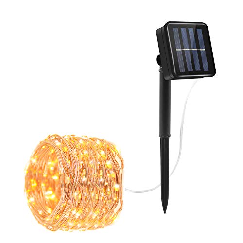 Moreplus 33ft Solar Powered String Lights 8 Modes Copper Wire Lights Indoor/Outdoor Waterproof Decorative String Lights for Patio Garden Wedding Christmas Decor (100 LED-02, Warm White)