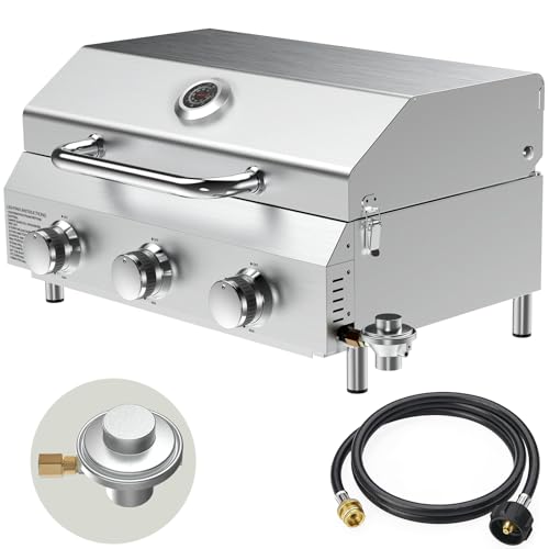 Image of Bestfire 3-Burner Tabletop Gas Grill, Dual Connections, 30,000 BTU Portable Propane Grill, Knobs&Stainless Steel Grates, Compact & Detachable Legs for Camping, RV, BBQ