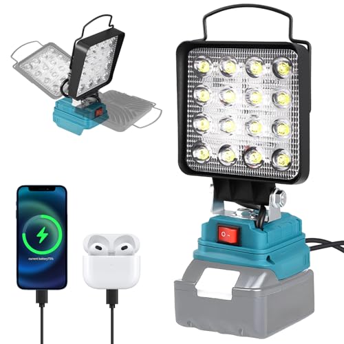 48W Cordless LED Work Light for Makita 18V, 4800 Lumen Flood Light with Dual USB Charging Ports, IP65 Waterproof Handheld Spotlight with Hook for Construction, Workshop, Camping & Emergencies