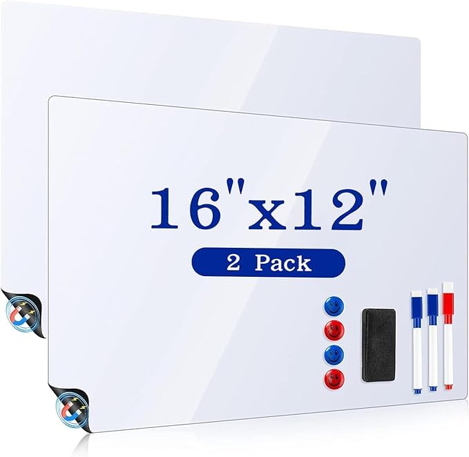 Magnetic Whiteboard for Refrigerator 2 Pack, 16x12 Inch Fridge Dry Erase Board with 3 Markers, Eraser & Magnets - Kitchen Menu Planner, Grocery List