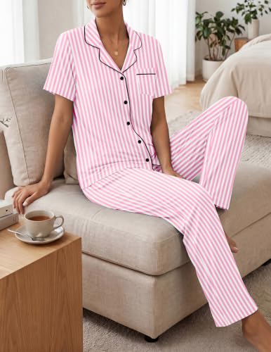 Image of Womens Pajamas Sets 2 Piece Button Up Pj Sets Short Sleeve with Long Pant