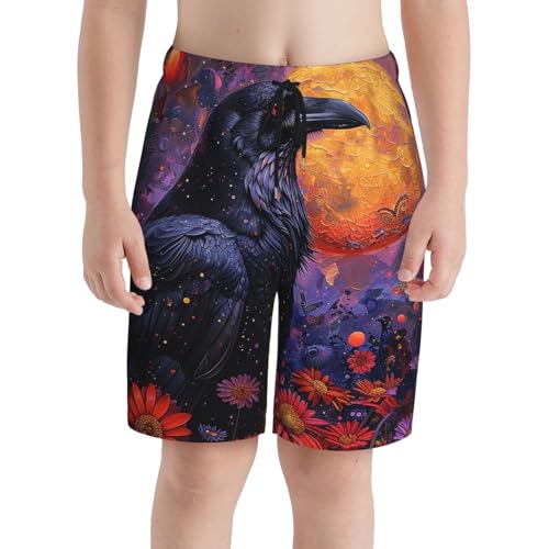Boys Swim Trunks Beach Board Shorts Summer Bathing Suits Teen Kids, Raven Moon Flowers3