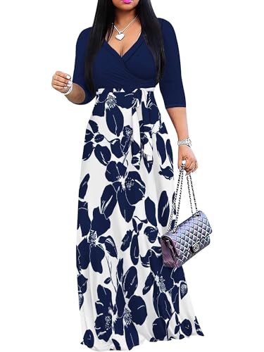 Image of Plus Size Maxi Dress for Women V Neck Flowy Dresses with Pockets for Wedding Guest Church