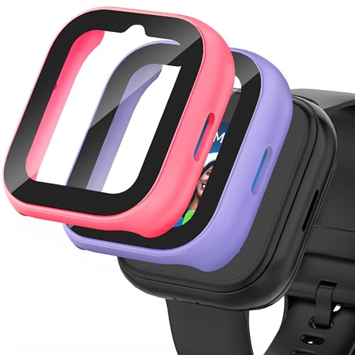 Snyeest 2-Pack Compatible with Sync Up Kids Watch 2 Screen Protector Hard PC Overall Protective Case Bumper Tempered Glass Cover Accessories for SyncUp Kids Watch 2 Purple+Pink