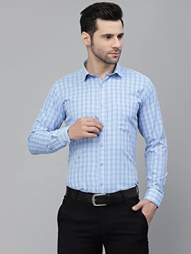 Image of Style Quotient Men Blue Tattersall Checked Polycotton Slim Fit Formal Shirt