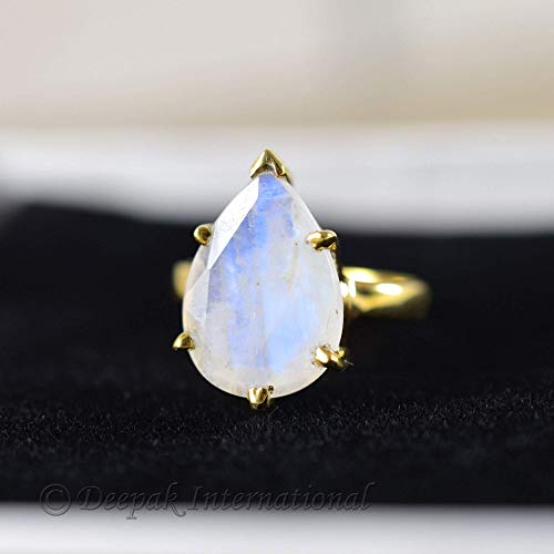 925 Yellow Gold Sterling Silver Ring, Pear Faceted, Rainbow Moonstone Ring, Handmade, Dainty Ring, June Birthstone, Statement, Natural Rainbow Moonstone, Women's, Girls, Mother's Day, Birthday Gift #TOP5