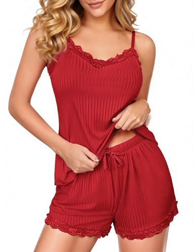 Image of Girece Cami Pajama Set for Women Ribbed Lace Trim 2 Piece Pajamas with Shorts Adjustable Strap Pjs Set Soft Lounge Sleepwear